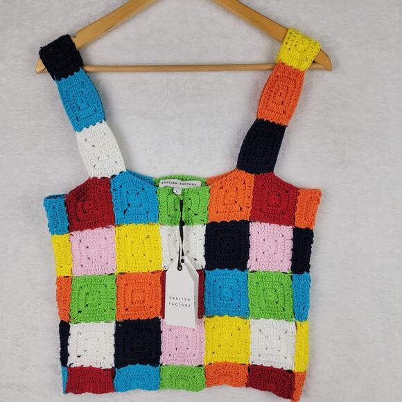 English Factory Tops - Bohemian Large Crop Tank Top Colorful Crochet Patchwork Wide Straps Festival Y2K
